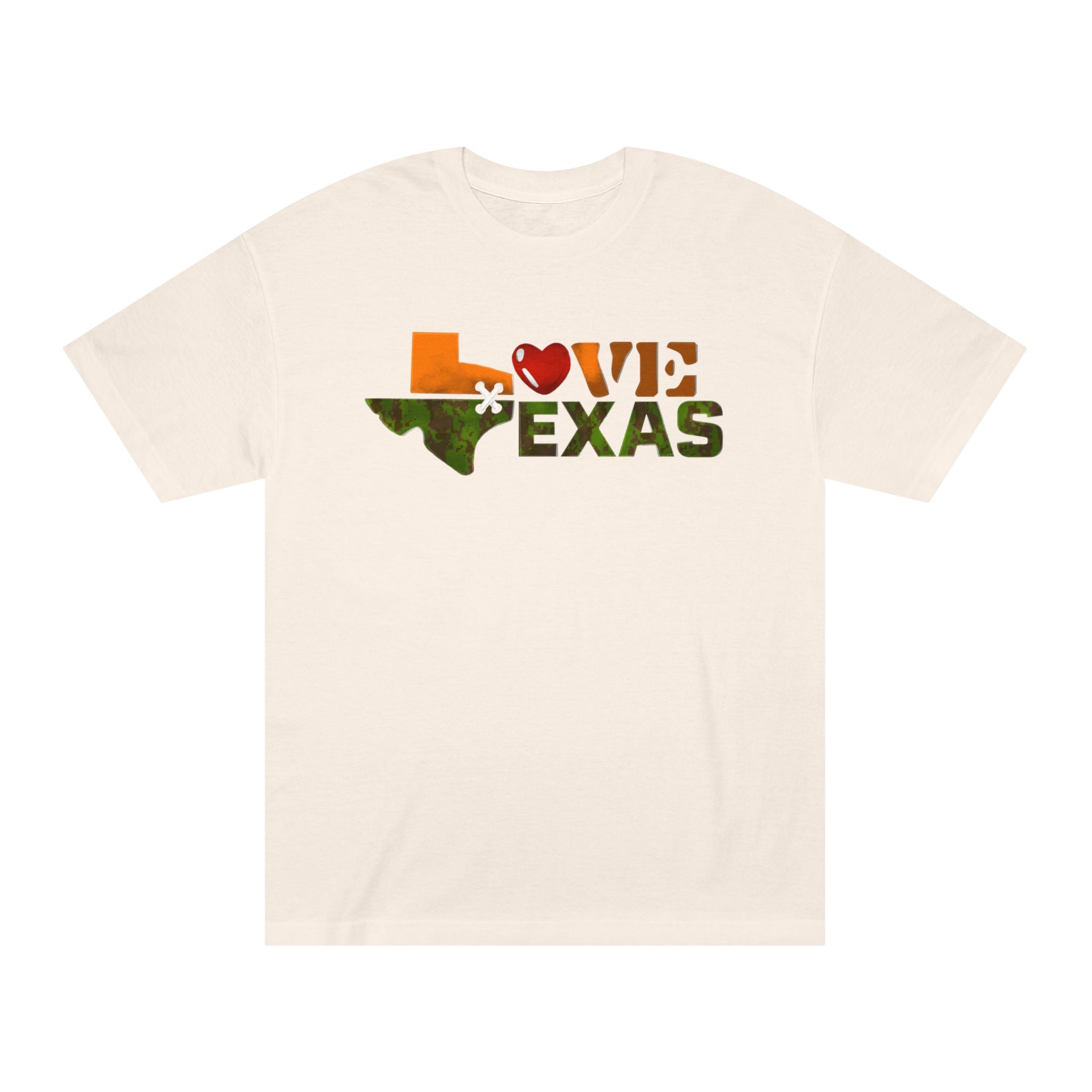 Love Texas Camo Heart Tee — Orange Camo State Silhouette