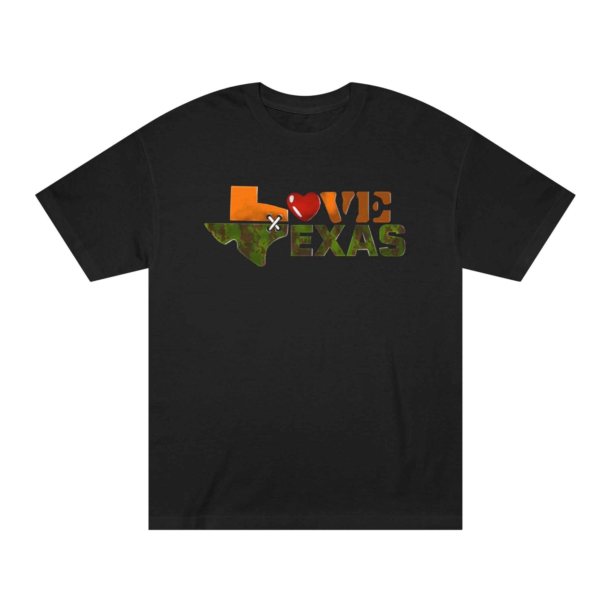 Love Texas Camo Heart Tee — Orange Camo State Silhouette
