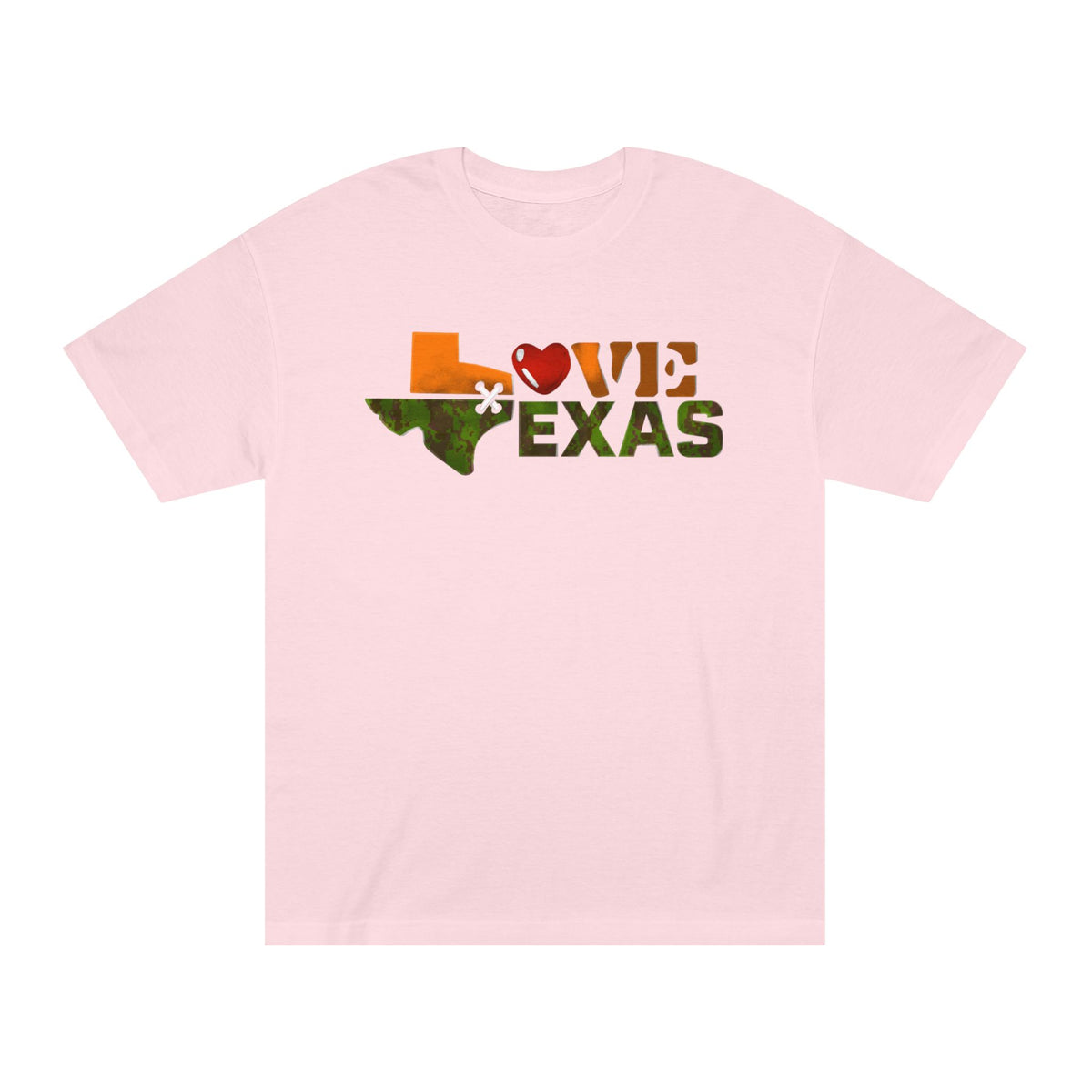 Love Texas Camo Heart Tee — Orange Camo State Silhouette