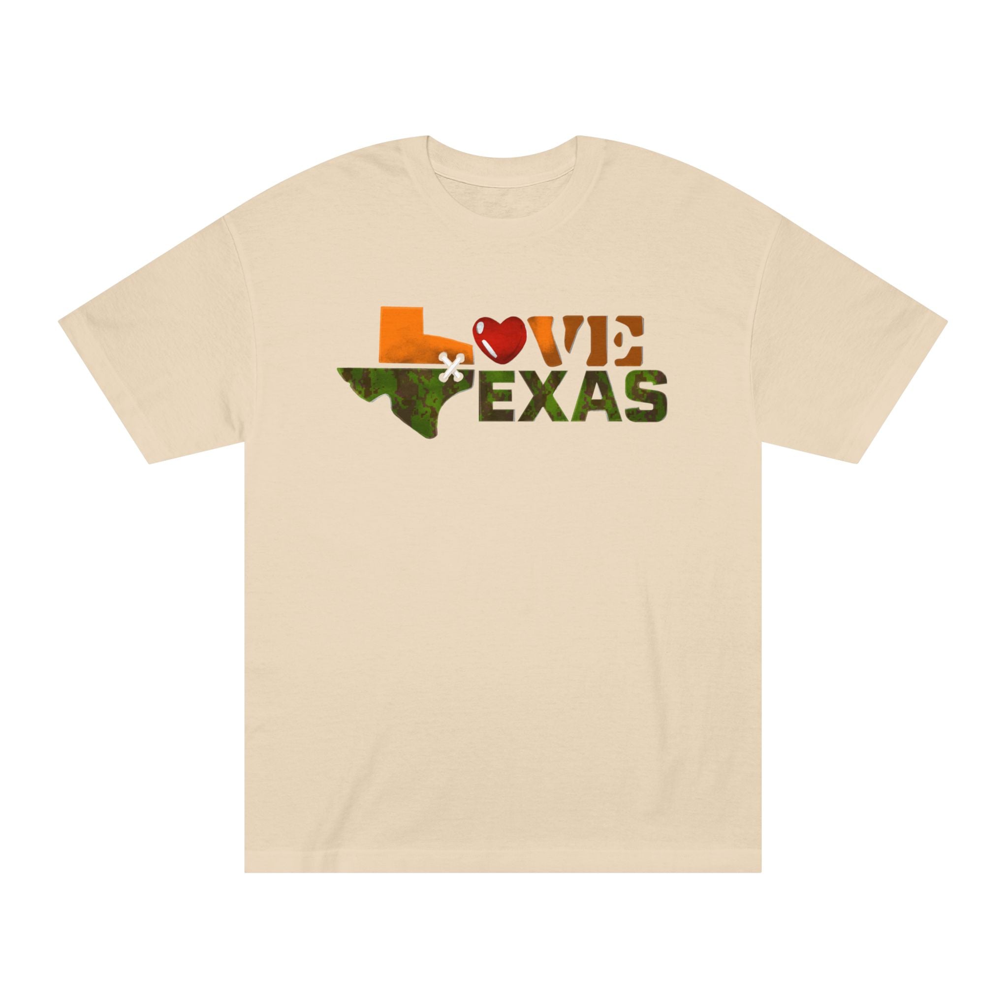 Love Texas Camo Heart Tee — Orange Camo State Silhouette