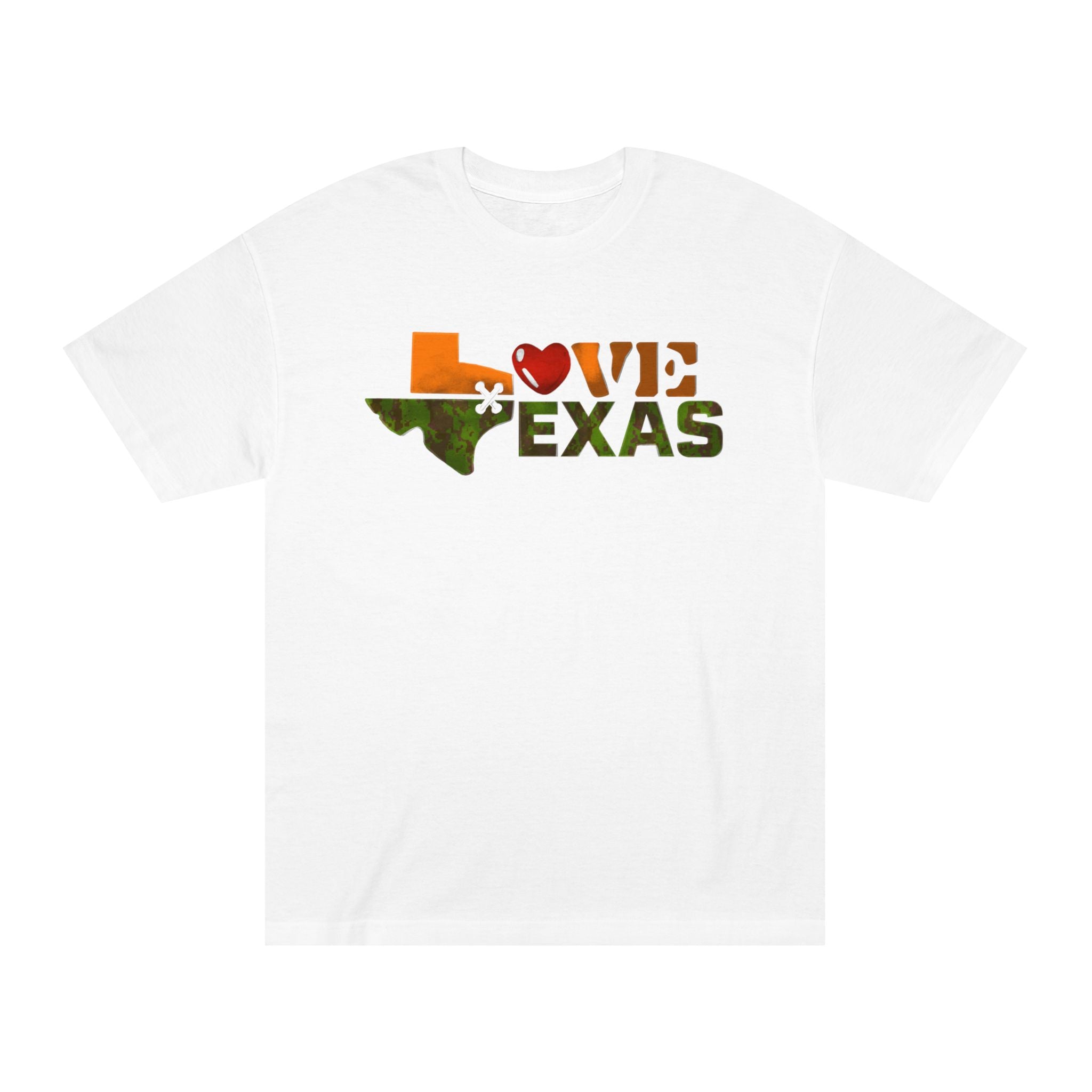 Love Texas Camo Heart Tee — Orange Camo State Silhouette